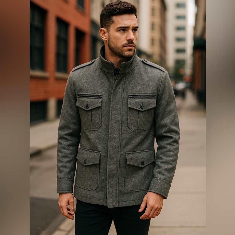 ⭐ Wool Military Jacket – Gray – Structured Epaulet Coat ⭐